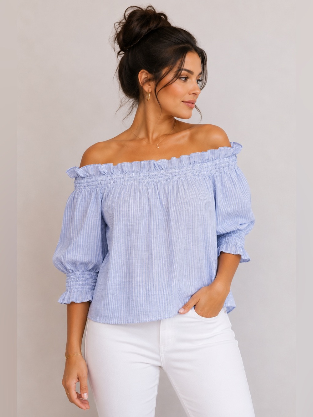 NWT St. John’s Bay Blue & White Stripe Ruffled Off the Shoulder Blouse Size S